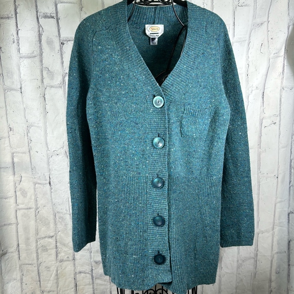 Talbots Teal Longline Cardigan Big Buttons Marled Ribbed Trim & Panel Wool Blend